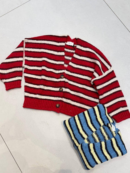 Kardigán Stripe More Colors Vicolo – červené a modré pruhované prevedenie