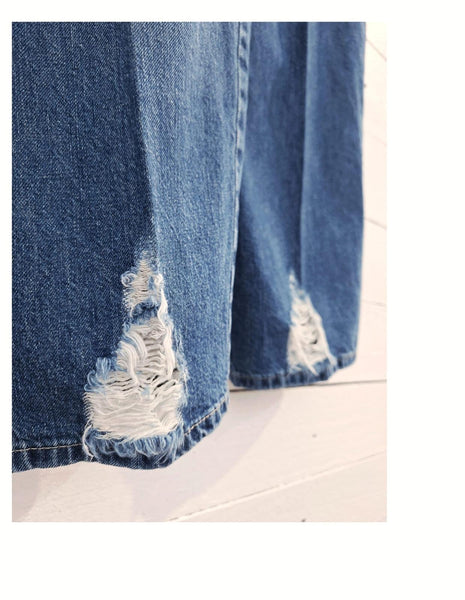 Dámske modré rifle Please Wide Leg s rozstrapkanými spodnými lemami – Miracolo Fashion