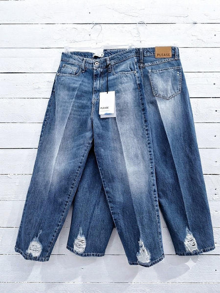 Dámske modré rifle Please Wide Leg s rozstrapkanými spodnými lemami – Miracolo Fashion